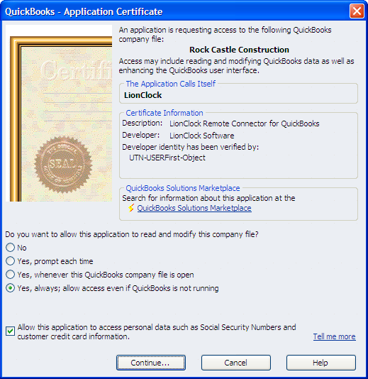 qb certificate for lionclock remote connector